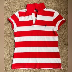 Ralph Lauren Red and White Striped Polo Top